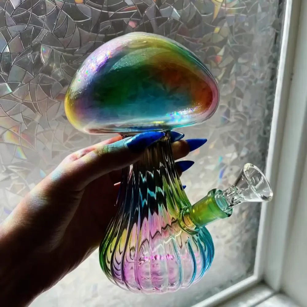 Iridescent Mushroom-Shaped Glass Bong