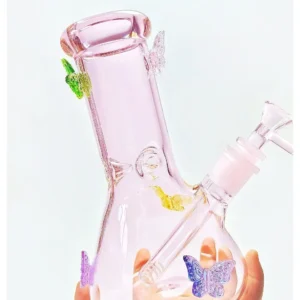 8″ 5mm Colorful Crystal Butterfly Pink Beaker Glass Bong