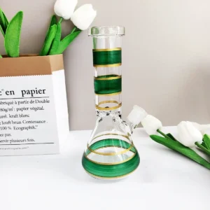 8″ Glass Beaker Bong with Green & Gold Stripes