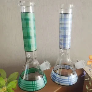 10″ Green And Blue Plaid Pattern Glass Beaker Bong
