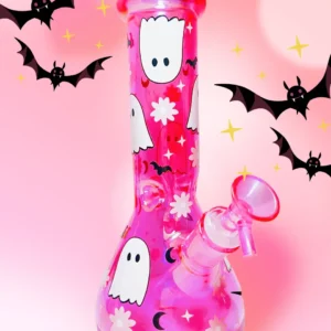 10″ 5mm Hot Pink Glitter Halloween Beaker Bong | Cute & Spooky Ghost