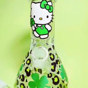 8″ 5mm Green Lucky Kitty & Four-Leaf Clover Glass Beaker Bong