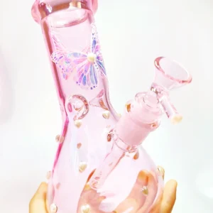 8″ Pink Iridescent Butterfly Beaker Bong with Pearls